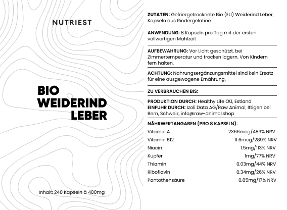Gélules de foie de bœuf bio séché issues de l'élevage en pâturage