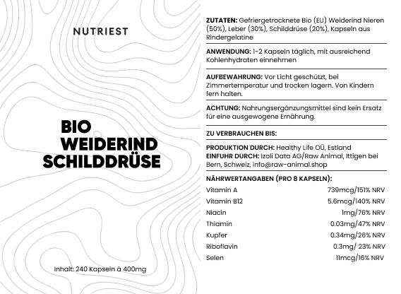 Glande thyroïde de bœuf bio séchée en capsules