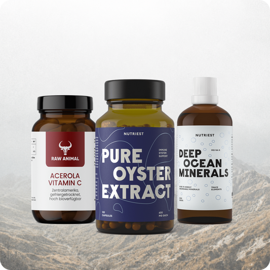 Fokus-Trio: Austernextrakt Kapseln, Acerola Vitamin C Kapseln und Tiefsee Mineralien Tropfen