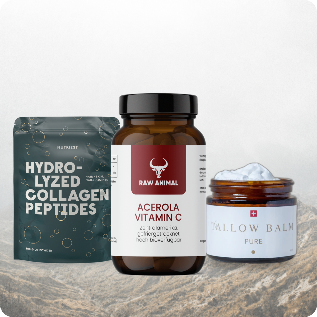 Haut-Trio: Kollagen Hydrolysat Pulver, Acerola Vitamin C Kapseln und Tallow Balm Pure